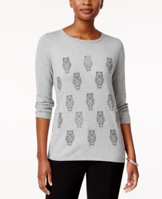 Karen Scott Petite Embellished Owl Sweater, Created for Macy's - Macy's