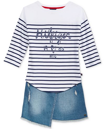 Tommy Hilfiger Graphic-Print Striped Shirt & Asymmetrical Denim Skirt Separates, Big Girls (7-16)