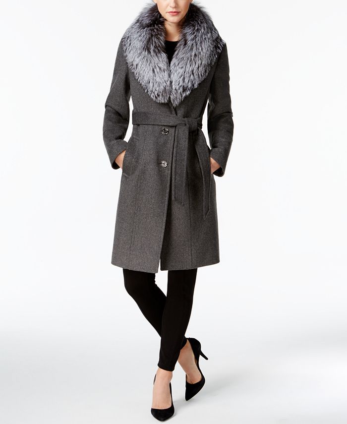 Michael Kors Fox Fur Trim Walker Wool, Wool Coats With Fur Trim