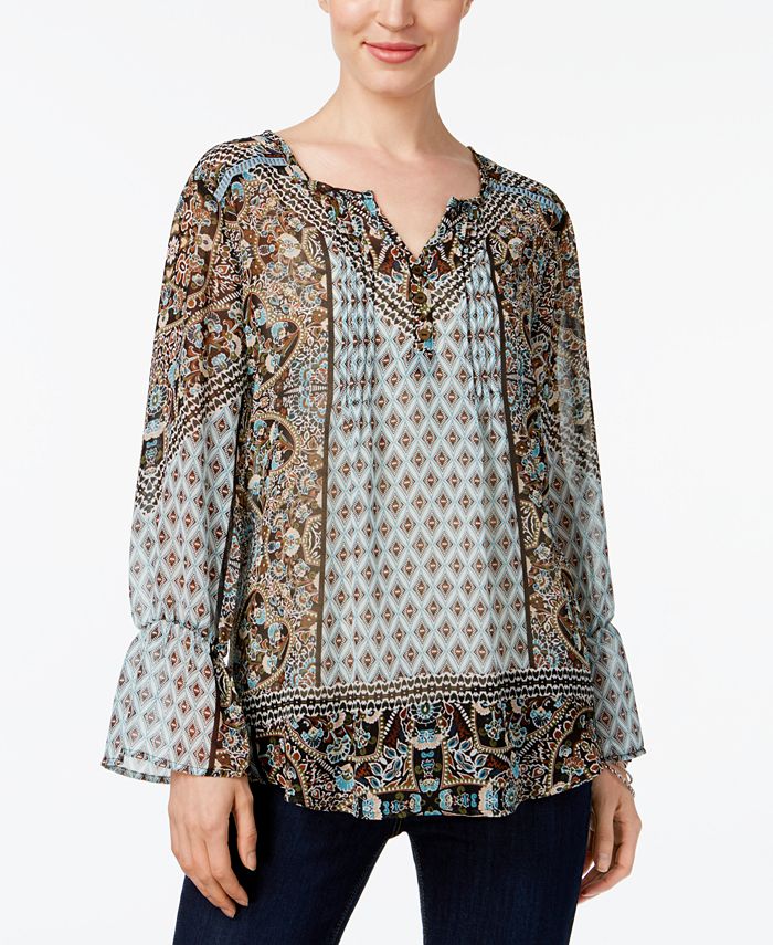 Style & Co Petite Mixed-Print Peasant Top, Created for Macy's - Macy's