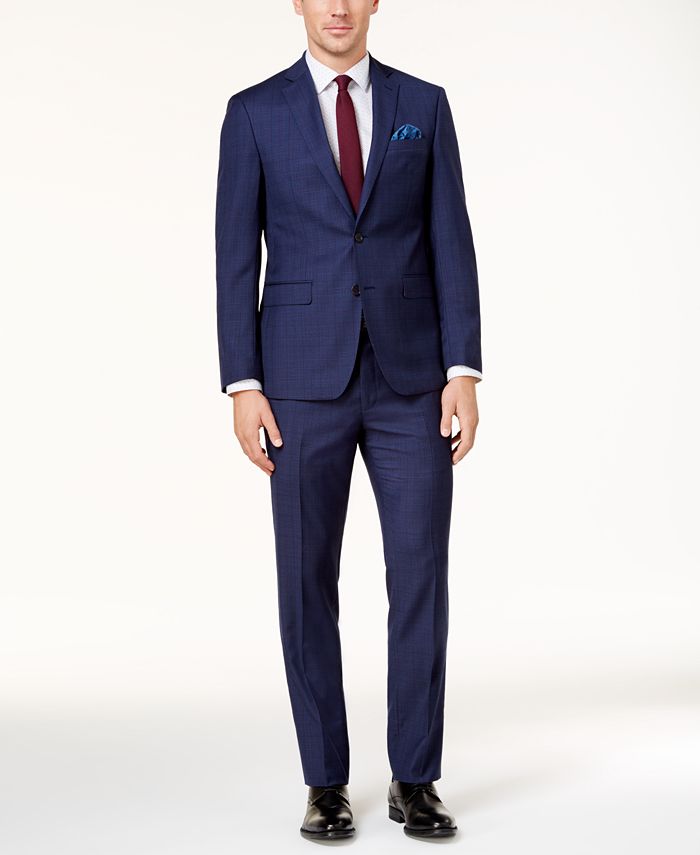 Tallia Men's Slim-Fit Blue/Red Windowpane Plaid Wool Suit & Reviews ...