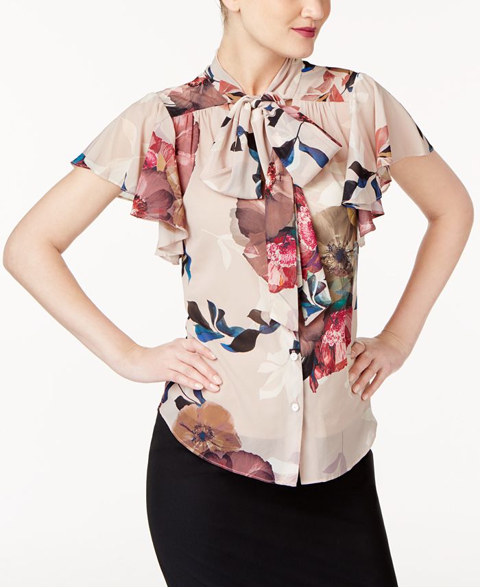 Floral Flutter Sleeve Tie Neck Blouse