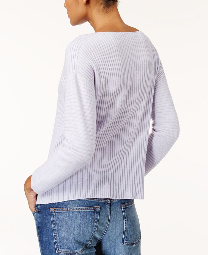 Rolled Boat Neck Ribbed Sweater in Heather Grey