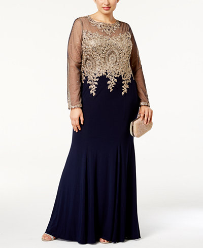Xscape Plus Size Embroidered Illusion Gown - Dresses - Women - Macy's