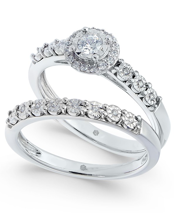 Macy S Diamond Halo Bridal Set 1 4 Ct T W In 14k White Gold