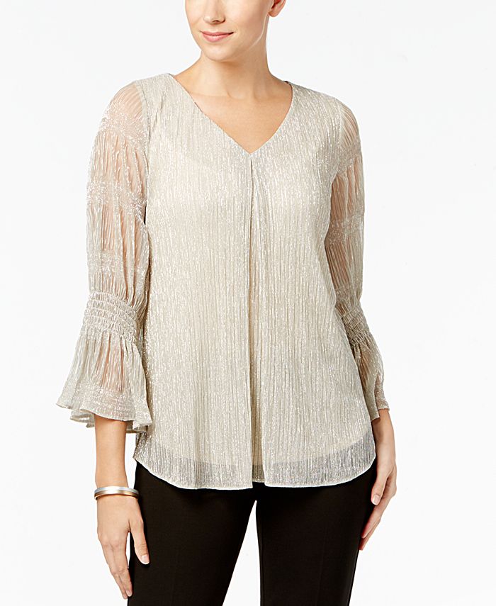 Alfani Petite Metallic Shirred-Sleeve Top, Created for Macy's - Macy's