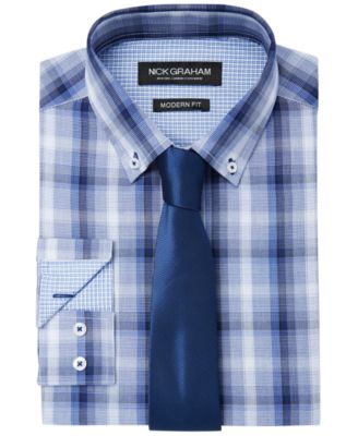 Nick Graham - Men's Fitted Shadow Plaid Dress Shirt & Solid Tie Set