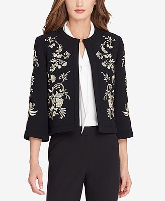 tahari asl embroidered open short jacke