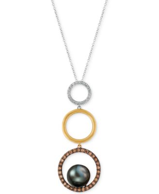 Le Vian - Cultured Black Pearl (10mm) & Diamond (5/8 ct. t.w.) Circle Pendant Necklace in 14k Gold, White Gold & Rose Gold