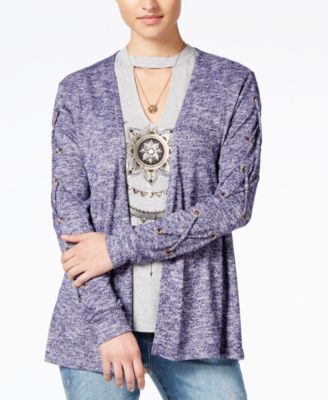 Belle Du Jour - Juniors' Lace-Up Cardigan & Graphic T-Shirt Set with Necklace
