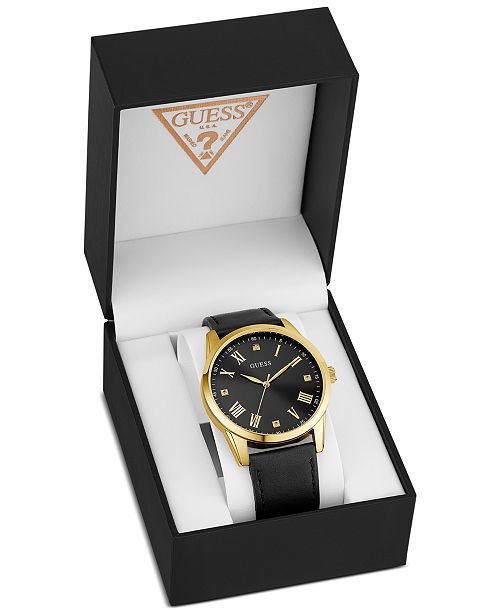 Guess Men S Diamond Accent Black Leather Strap Watch 42mm Created