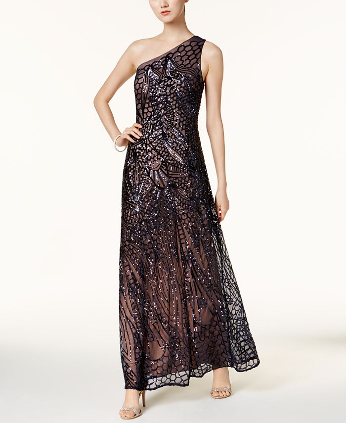 Nightway - Sequined One-Shoulder Gown