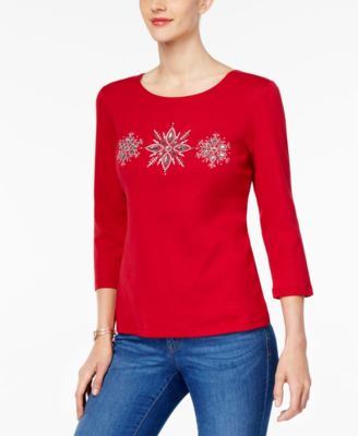 Karen Scott - Petite Cotton Snowflake Graphic Top