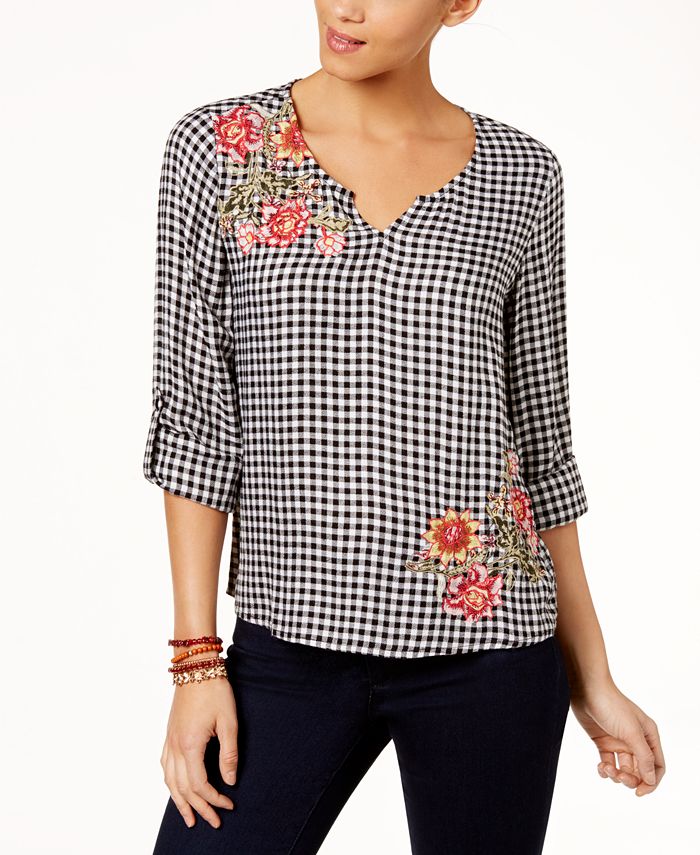 Style & Co Petite Embroidered Gingham Top, Created for Macy's Macy's