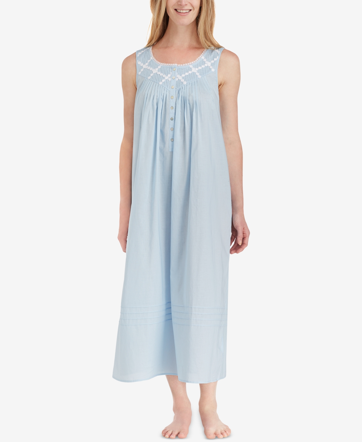 Lace-Trimmed Cotton Ballet-Length Nightgown - Blue