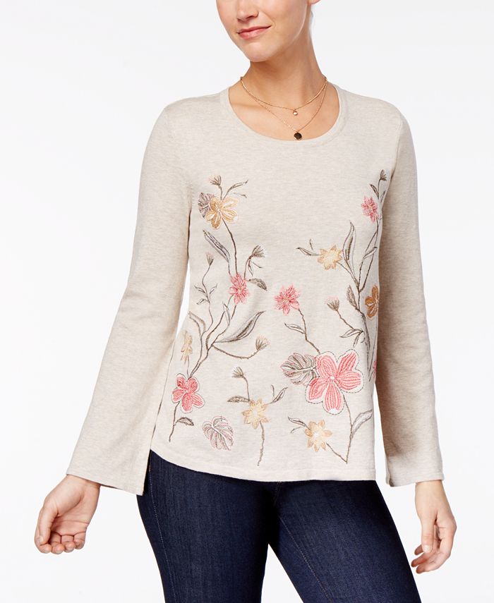 Style & Co Embroidered Bell-Sleeve Sweater, Created for Macy's - Macy's