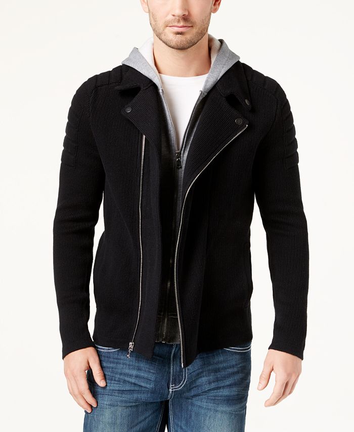 INC International Concepts I.N.C. Men's Layered Knit Moto Sweater Jacket,  Created for Macy's - Macy's