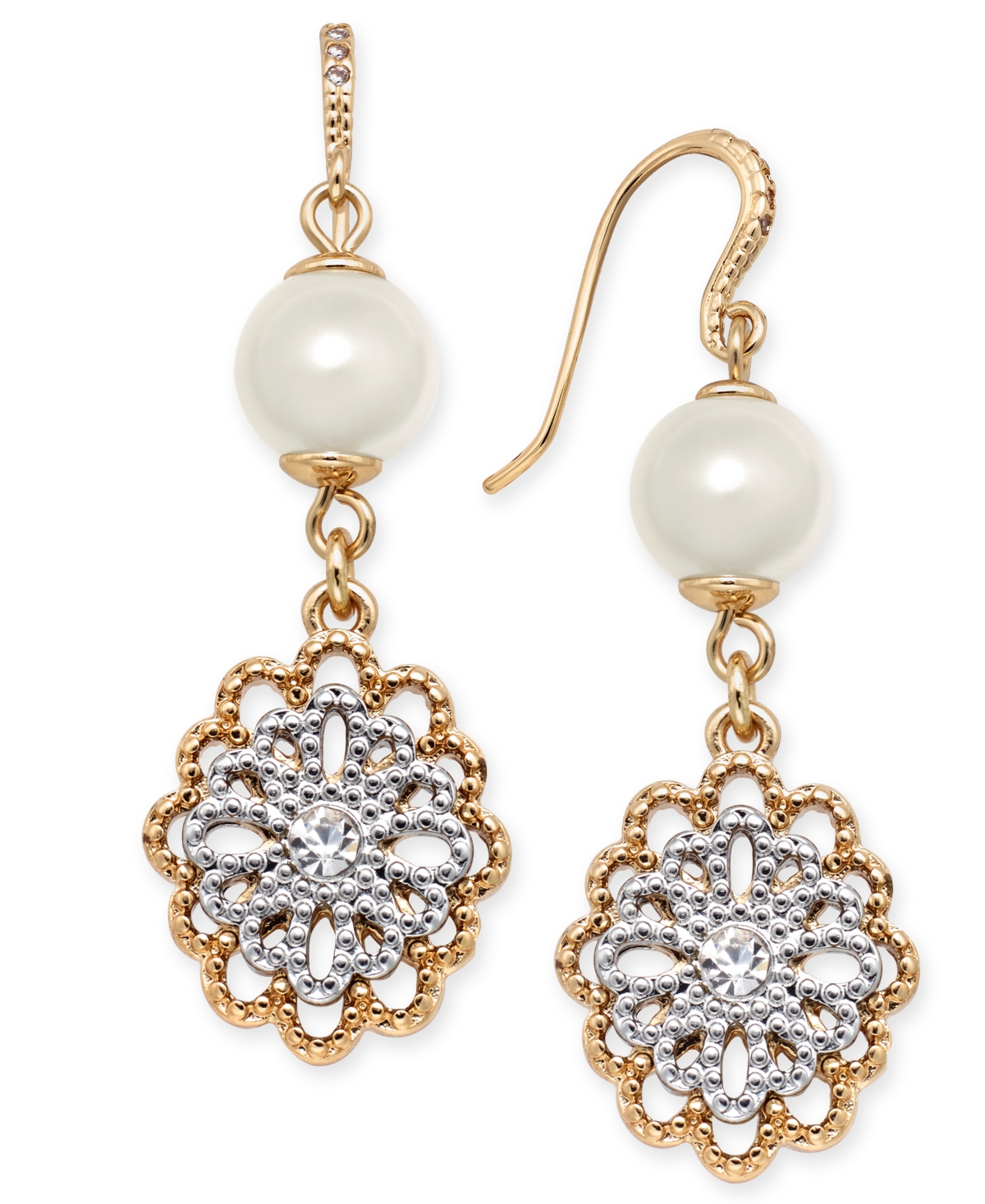 Two-Tone Crystal Filigree & Imitation Pearl Drop Earrings, Created for Macy's - Gold