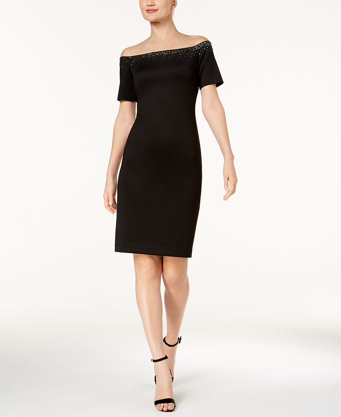 Calvin Klein Embellished Off-The-Shoulder Scuba Dress - Macy's