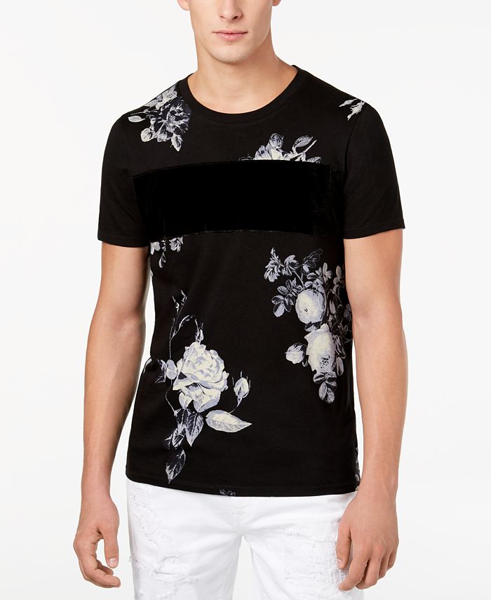 GUESS Men's Pieced Velvet-Stripe Floral-Print T-Shirt - Macy's