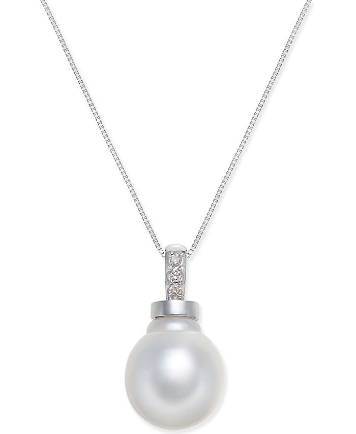Macy's - Cultured Baroque White South Sea Pearl (11mm) & Diamond Accent Pendant Necklace in 14k White Gold