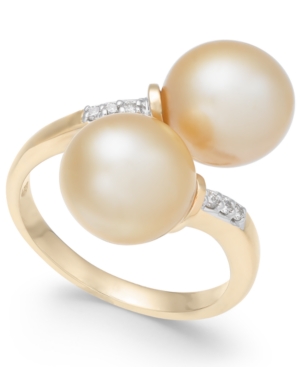 image of Cultured Golden South Sea Pearl (9mm) and Diamond Accent Bypass Ring in 14k Gold