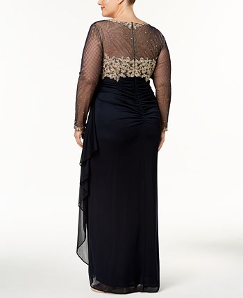 XSCAPE - Plus Size Embroidered Illusion Gown