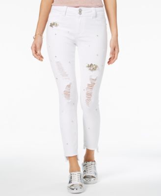 Indigo Rein - Juniors' Embellished Ripped Stair-Step Skinny Jeans