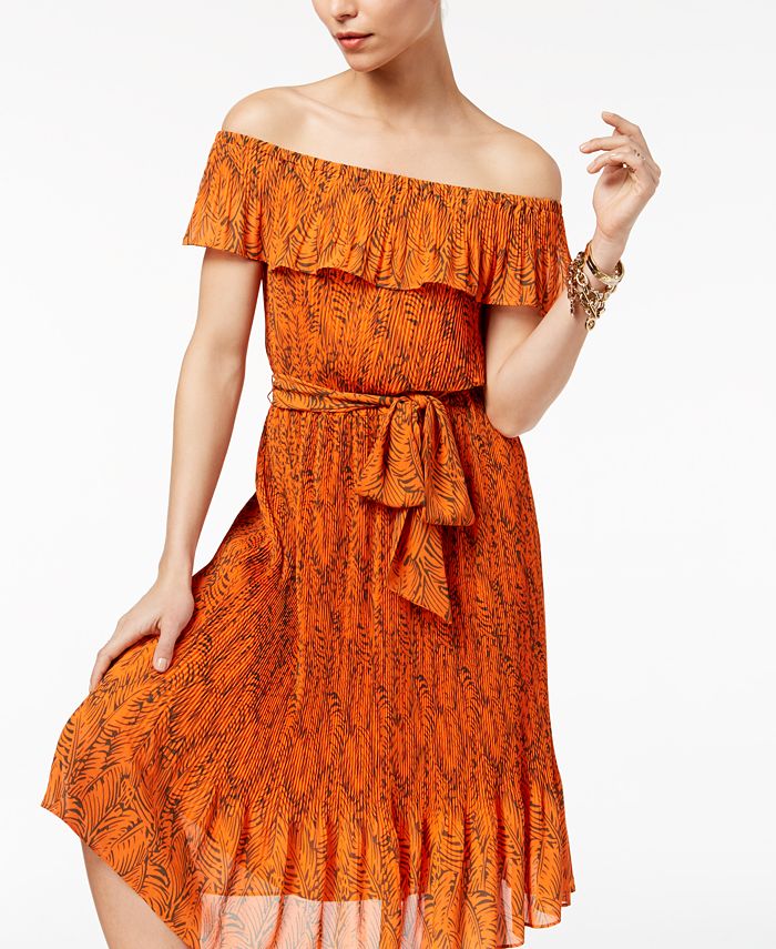 MICHAEL MICHAEL KORS Womens Orange Stretch Flutter Sleeve Off Shoulder Midi Party Peasant Dress