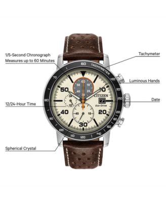 Eco-Drive Men's Chronograph Brown Leather Strap Watch 44mm