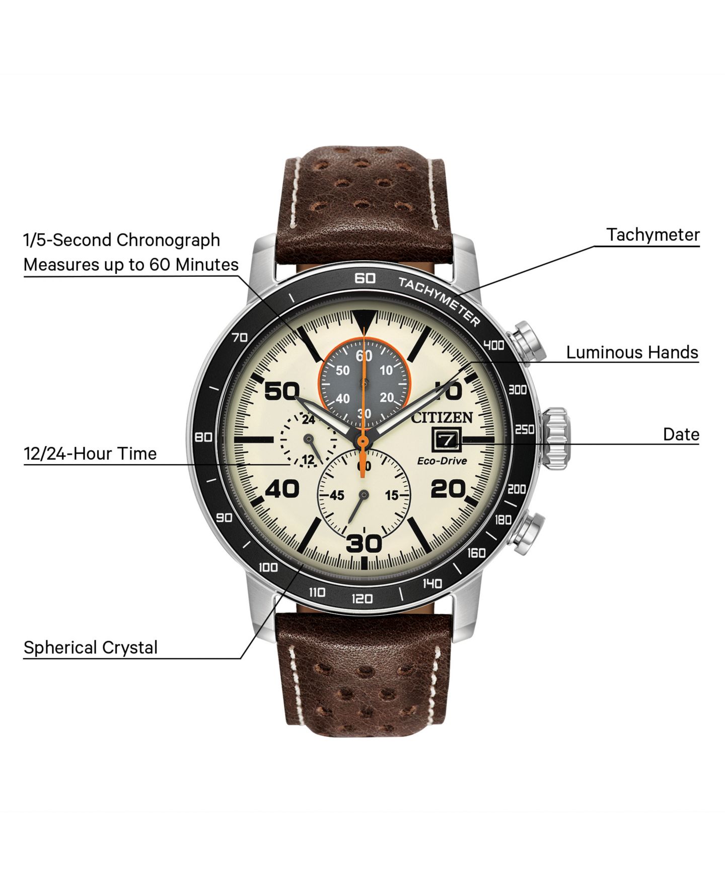 Мужские часы Citizen Eco-Drive Chronograph Brown Leather Strap Watch 44mm — фото 8