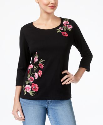 Karen Scott - Embroidered 3/4-Sleeve Top