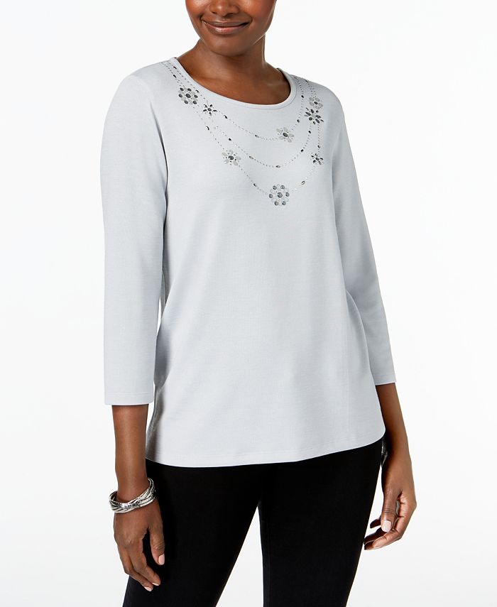 Alfred Dunner Lakeshore Drive Embellished-Neck 3/4-Sleeve Top & Reviews ...