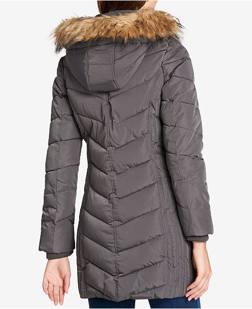 women's chevron faux fur trim hooded down puffer coat