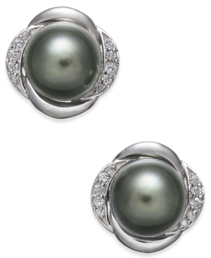 image of Cultured Tahitian Pearl (8mm) & Diamond (1/8 ct. t.w.) Stud Earrings in 14k White Gold