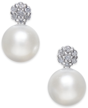 image of Cultured Freshwater Pearl (8mm) & Diamond (1/6 ct. t.w.) Cluster Stud Earrings in 14k White Gold