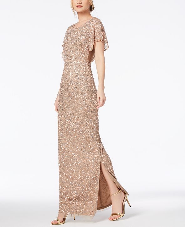 adrianna papell flutter sleeve stardust glitter knit gown