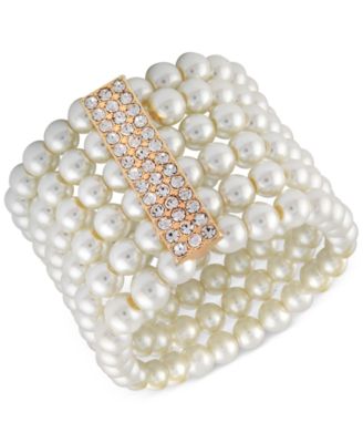 Say Yes to the Prom - Gold-Tone Crystal & Imitation Pearl Multi-Row Stretch Bracelet