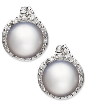image of 14k White Gold Earrings, Cultured South Sea Pearl (11mm) and Diamond (3/4 ct. t.w.) Stud Earrings
