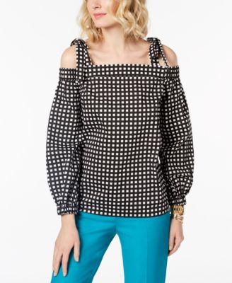 Michael Kors - Petite Gingham-Print Off-The-Shoulder Top