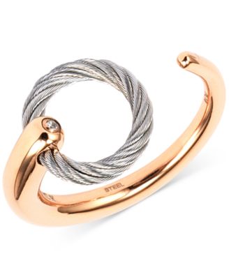 CHARRIOL - White Topaz Accent Two-Tone Circle Cuff Ring in Stainless Steel and Rose Gold-Tone PVD Stainless Steel