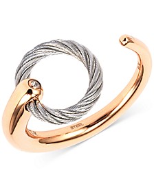 White Topaz Accent Two-Tone Circle Cuff Ring in Stainless Steel and Rose Gold-Tone PVD Stainless Steel