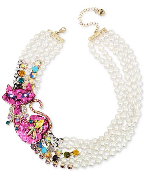 Betsey Johnson Gold Tone Multi Stone Imitation Pearl Pink Cat