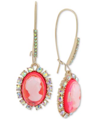 Betsey Johnson - Gold-Tone Crystal & Pink Cameo Drop Earrings