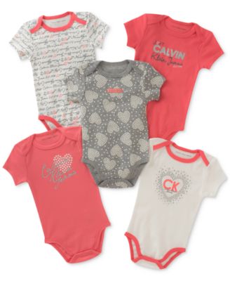 Calvin Klein - 5-Pack Printed Cotton Bodysuits, Baby Girls