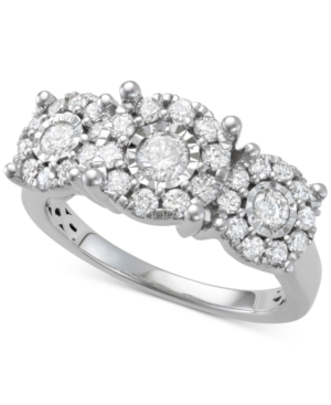 image of Diamond Halo Cluster Trio Engagement Ring (1 ct. t.w.) in 14k White Gold