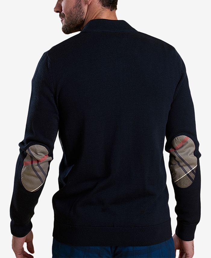 Barbour Men's Blair Navy FullZip Sweater with Tartan Elbow Patches
