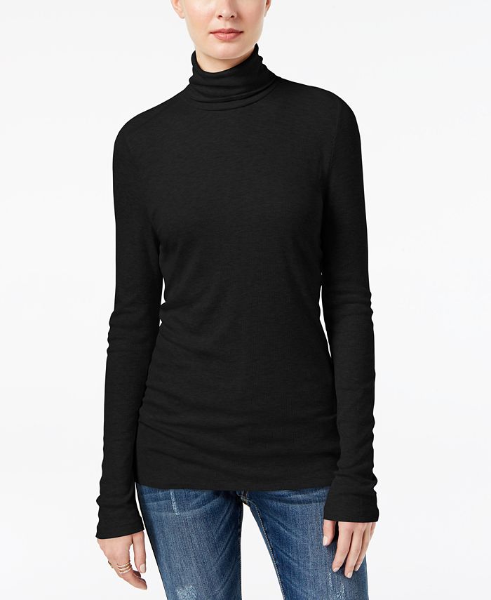 Women's Black Turtle Neck Knitted Ribbed Top