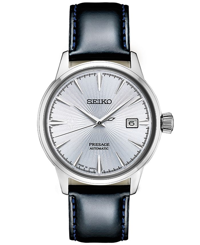 Seiko Men's Presage Automatic Silver Dial Leather Strap Watch - Black