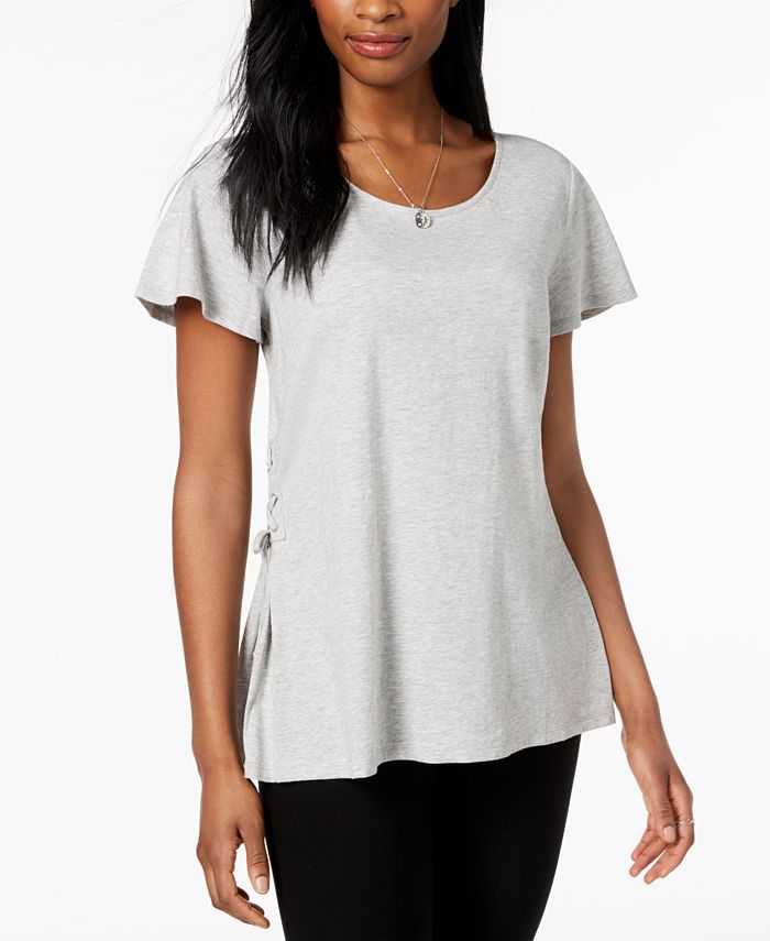 Style & Co Flutter-Sleeve Lace-Up T-Shirt, Created for Macy's - Macy's